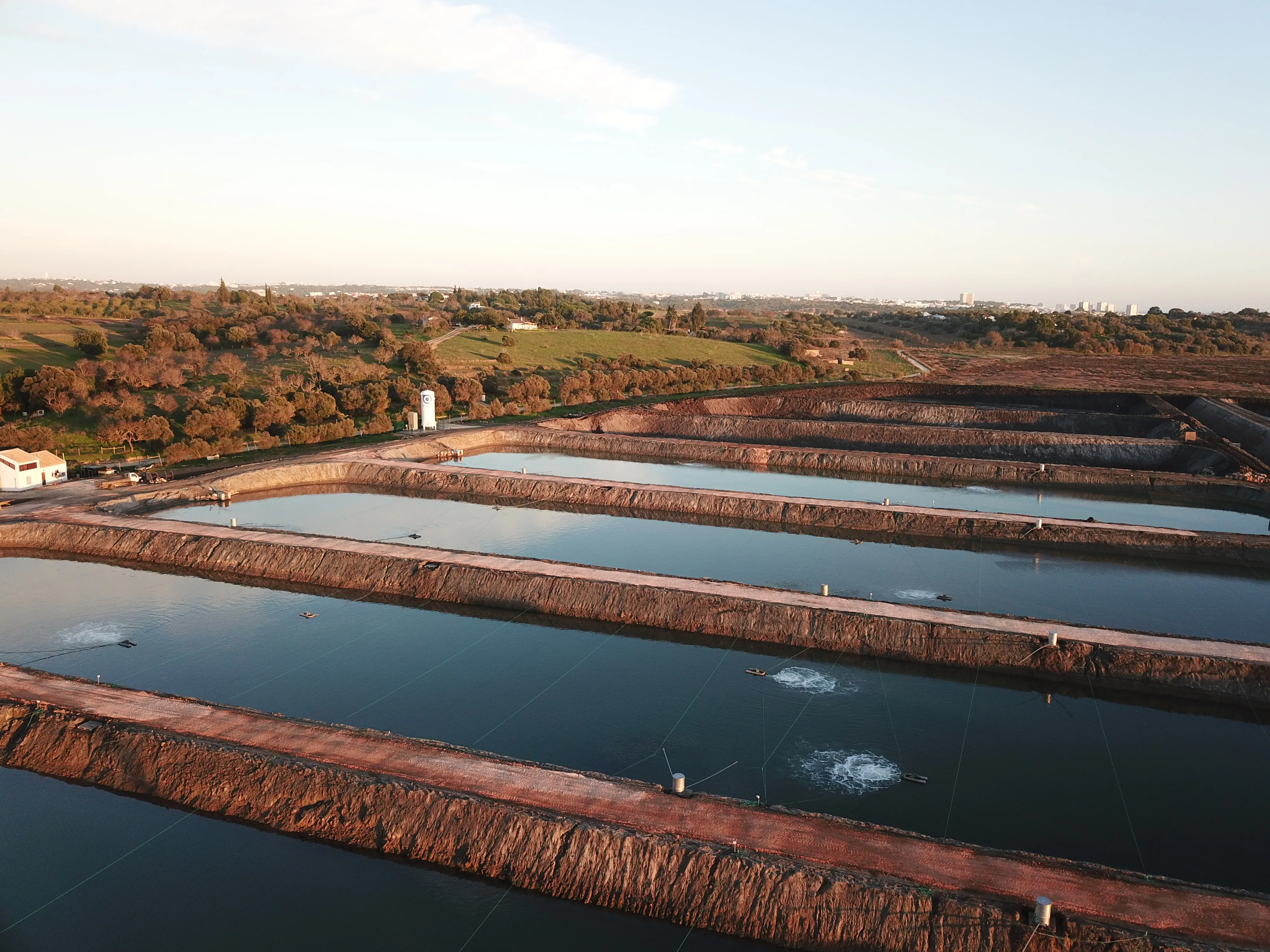 NaturaFish aquaculture ponds at golden hour in the Algarve countryside